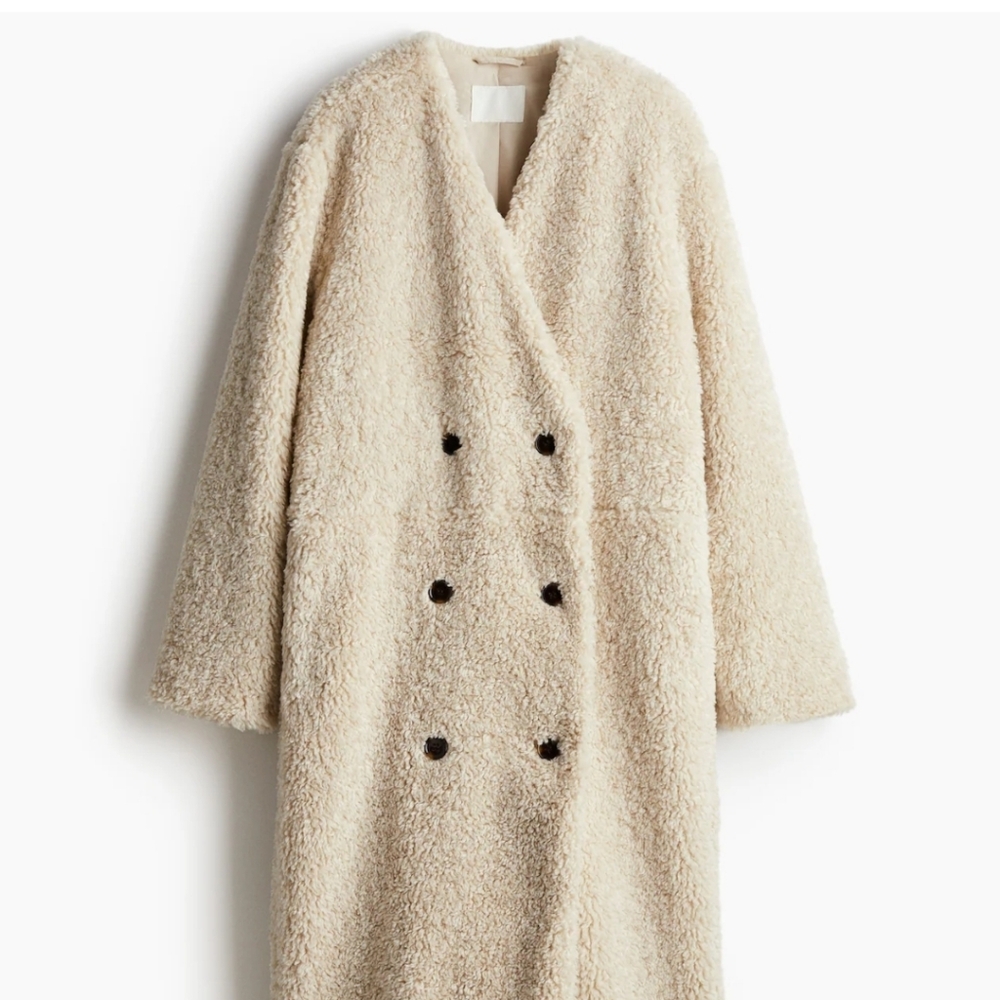 H&M Women's Cream Double-Breasted Teddy Coat